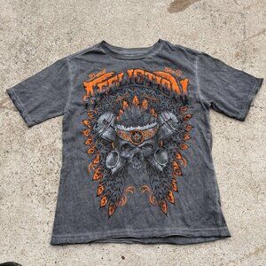 AFFLICTION Boy’s T-shirt Youth DISJOINTED Tee Skull Aztec Gray  Biker Small